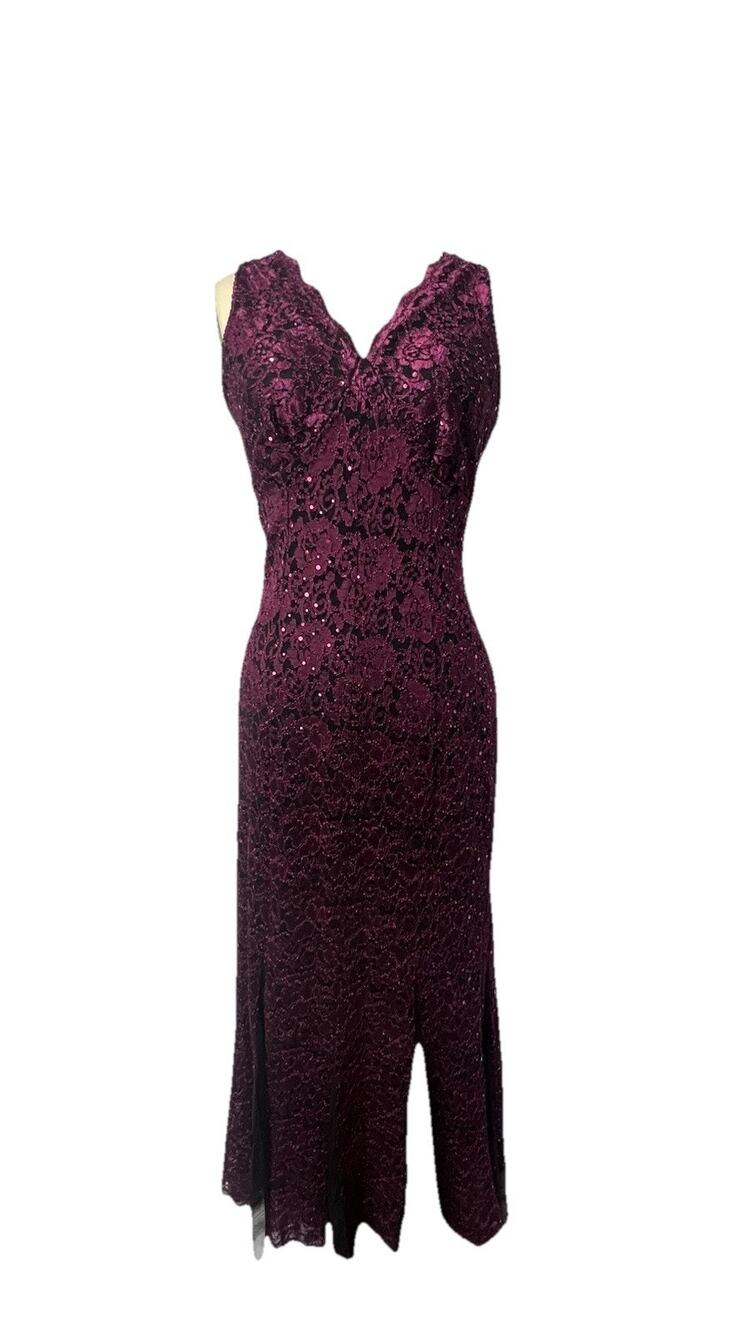 Vintage Candalite Black Purple Lace Filigree Maxi Dress Gown Formal Wedding PM